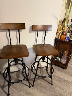 Industrial Wood and Metal Bar Stools – Set of 2
