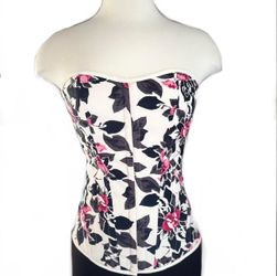 Dreamy Pink Floral Corset Top — Cream Bustier w/ Light Boning, Romantic Coquette Vibes, Perfect for Spring. Bustier Lace Up Size L Fits S-M