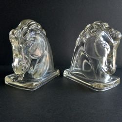 Vintage Mid Century Modern Glass Horse Head Bookends MCM