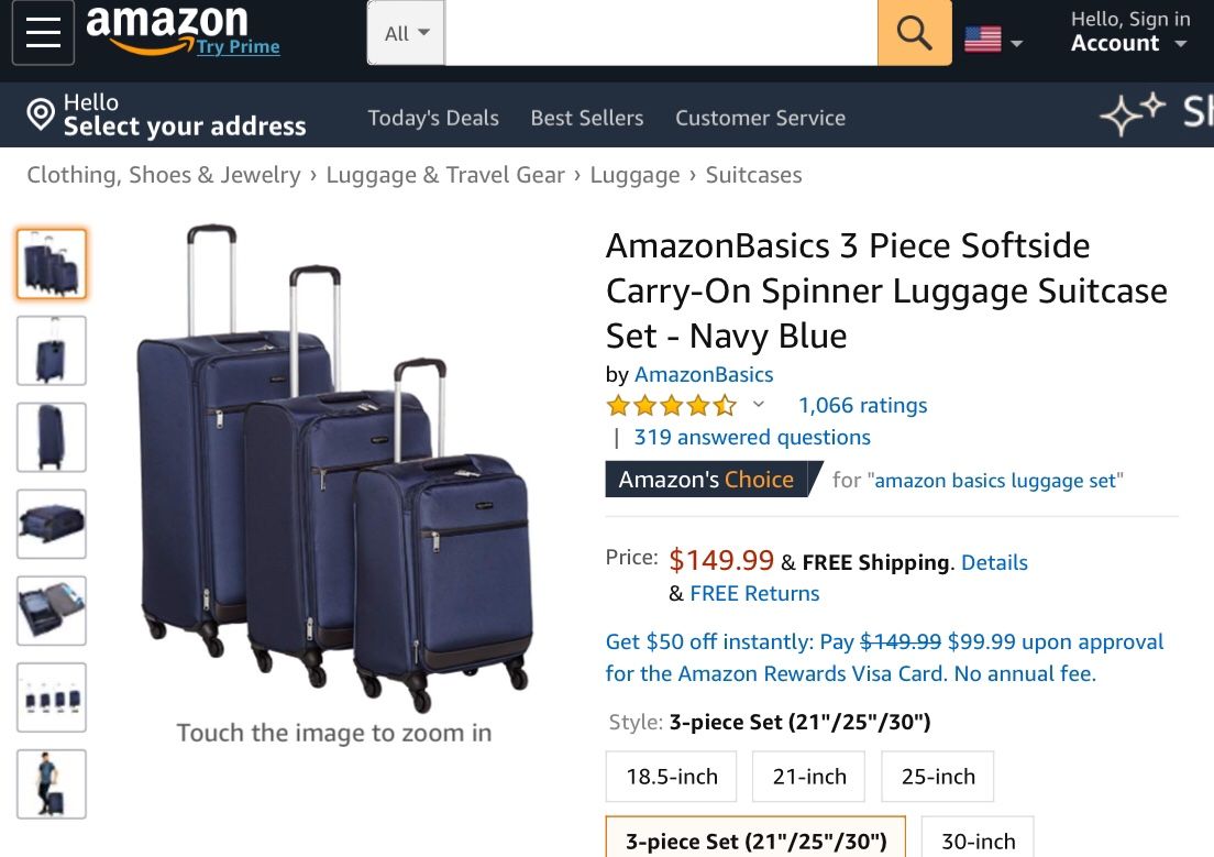 AmazonBasics 3 Piece Softside Carry-On Spinner Luggage Suitcase Set - Navy Blue