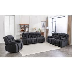 3PC DARK GRAY Fabric Manual Reclining Sofa Set