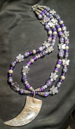Handmade Beaded Dragon's Vein Agate Fang Double Strand Necklace 