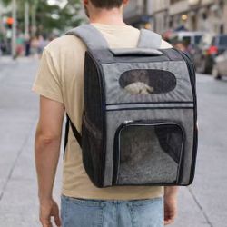 New In Box Pet Carry Over The Shoulder Travel Bag Backpack For Dog Cat Or Small Pet Black And Gray