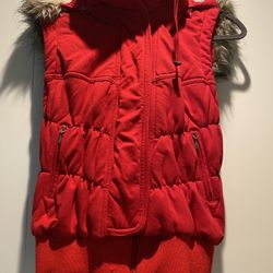 Red Puffer Vest With Faux Fur Trim Hood