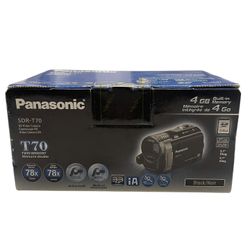 New Panasonic SDR-T70 camcorder packaging in blue. Includes Hi-Speed USB and SD compatibility.