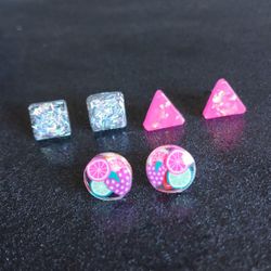 Fun fruit studs, faux pink opal studs and silver holographic glitter studs earrings set new 