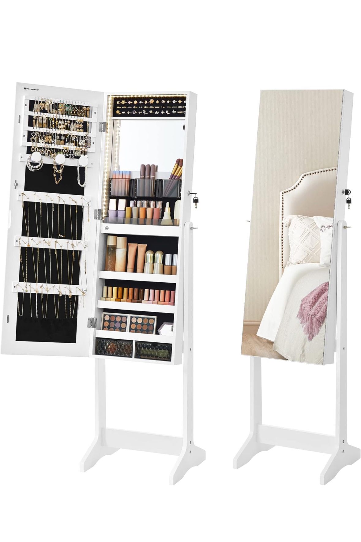 Mirror Jewelry Cabinet Standing Armoire Organizer, Jewelry Storage with Full-Length Frameless LED Lights, Built-in Makeup Mirror, 2 Drawers
