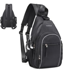 Crossbody Sling Bag with Water Bottle Holder 8.3", Black Convertible Small Backpack Anti Theft Daypack, Chest Fanny Pack for Men Women