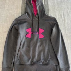 Under Armour Hoodie Womens XS Gray Pink Logo ColdGear Fleece Pullover Sweatshirt