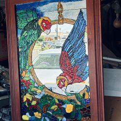 Great Gift For The Person Who Has Everything Faux Stained Glass Mirror Parrots On A Swing And Peacock On A Perch