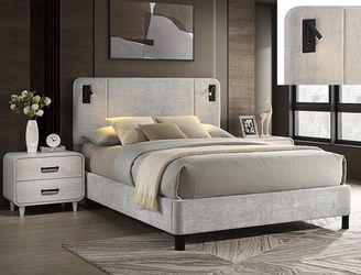 Upholstered Bed Frame with Built-In Reading Lights