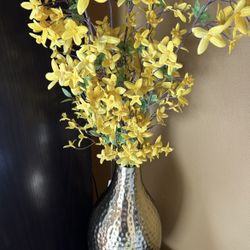Metal Vase and Artificial Bouquet