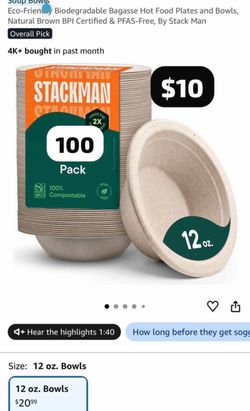 Compostable Paper Bowls - 12 oz [100-Pack] Heavy Duty Soup Bowls Eco-Frien Biodegradable Bagasse Hot
