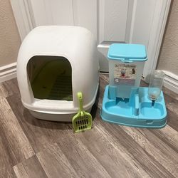 Tidy Cats Breeze Hooded Cat Litter Box  & Food/water Dispenser