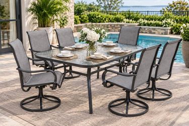 Set of 7pcs Rectangular Glass Table with 6pcs Swivel Patio Dining Chairs , Outdo