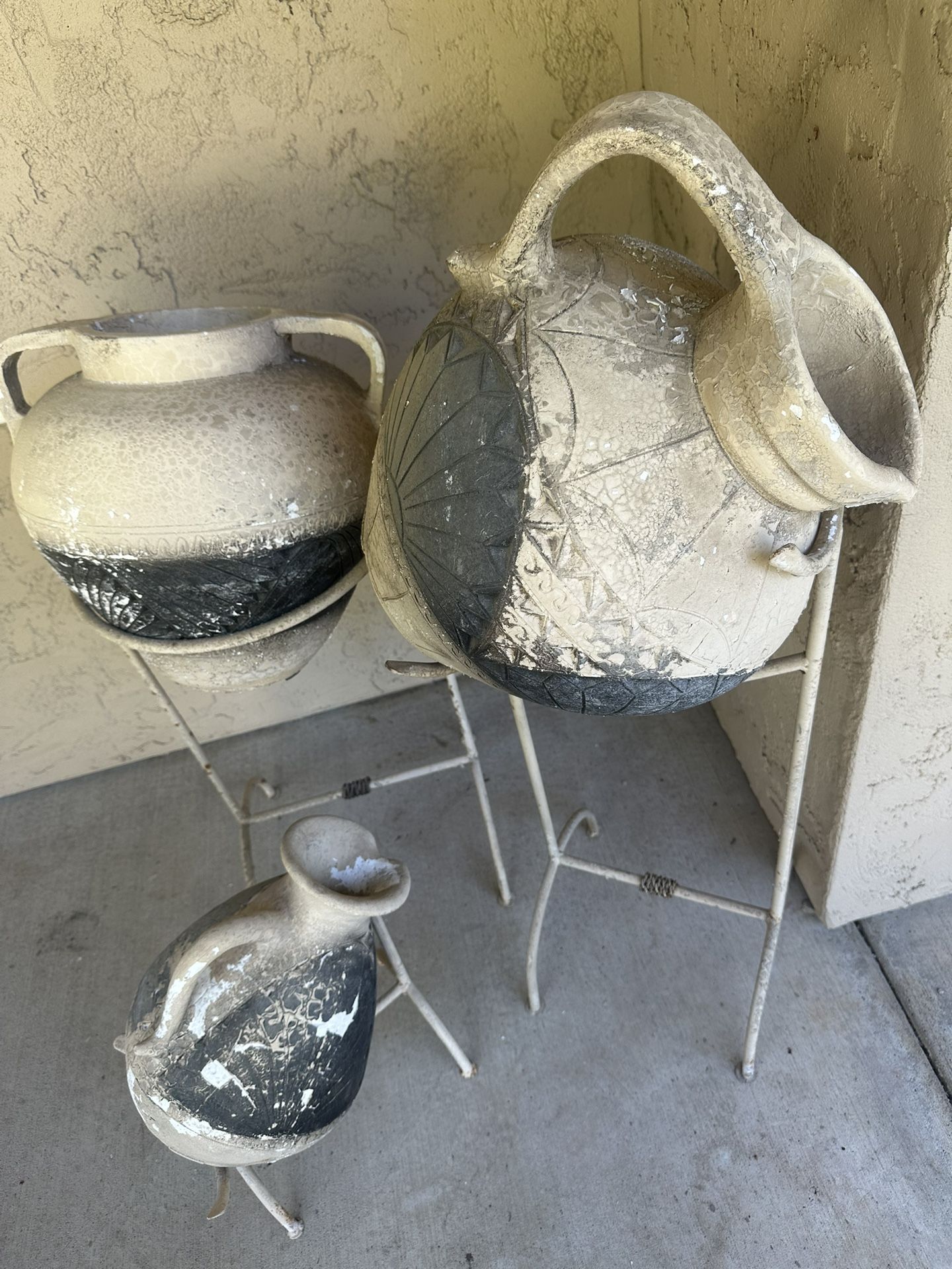 Set of 3 Rustic Stoneware Pottery Vessels w/ Metal Pedestals Stands
