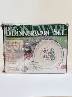 Vintage Atico International "Let It Snow" 18-piece Christmas snowman stoneware dinnerware set. 
