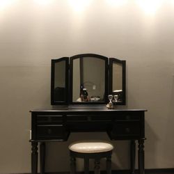 Commodious Vanity Set Featuring Stool And Mirror Black- Saltoro Sherpi
