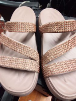 Rose Gold Rhinestone Strap Slide Sandals. Crock