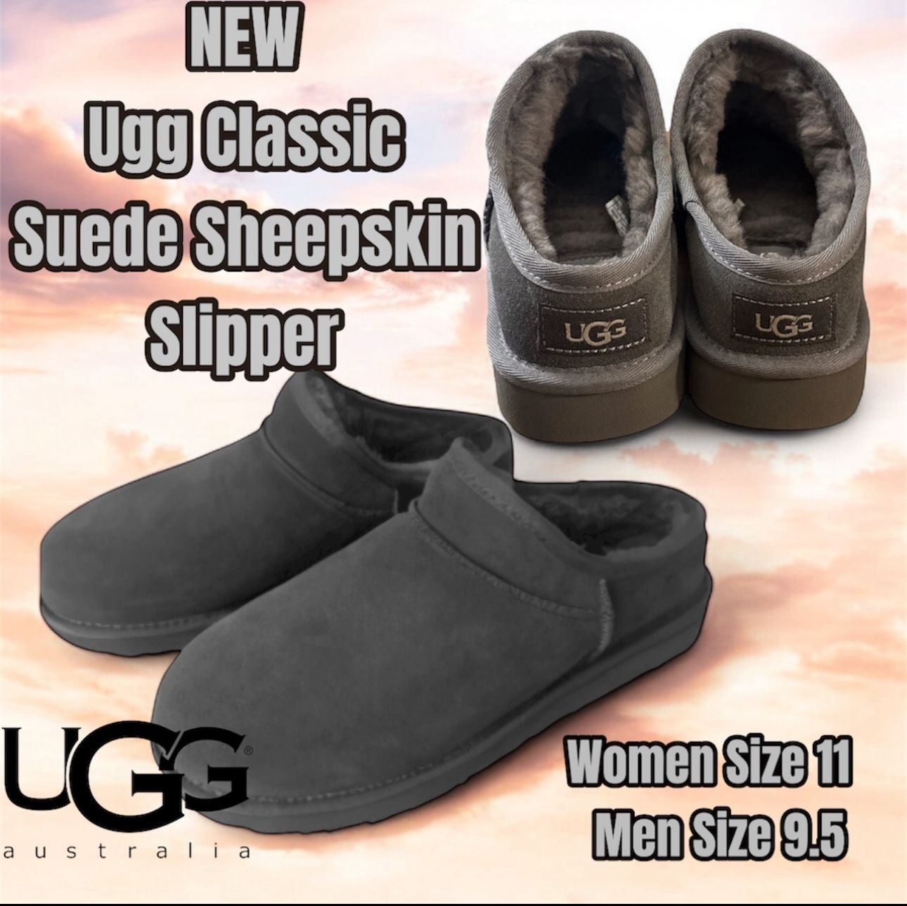 NEW Ugg Classic Suede Sheepskin Slipper/Slides (Grey) Women Size 11 / Men 9.5  