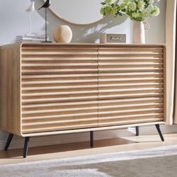 6 Drawers Dresser for Bedroom, 54'' Wide Mid Century Modern Wood Fluted Double Dresser, Chest of Drawers with Tapered Leg for Bedroom, Living Room, Ha