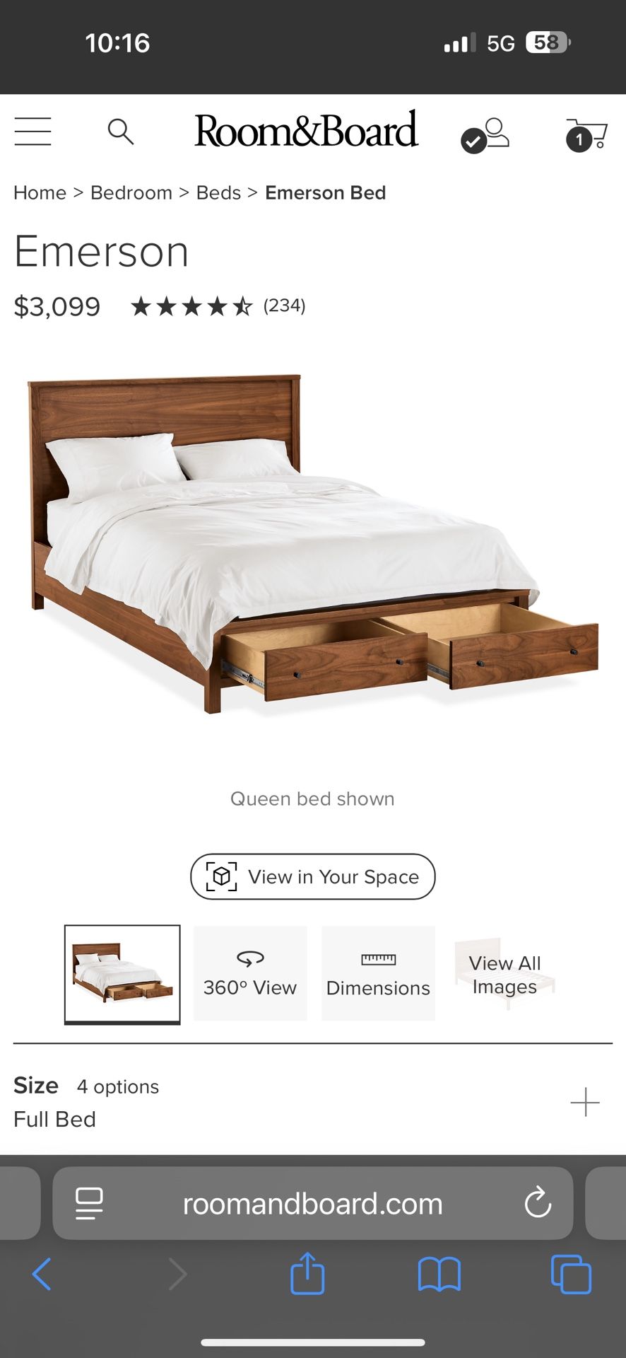 Room & Board - Emerson Full Size bed frame with storage drawers