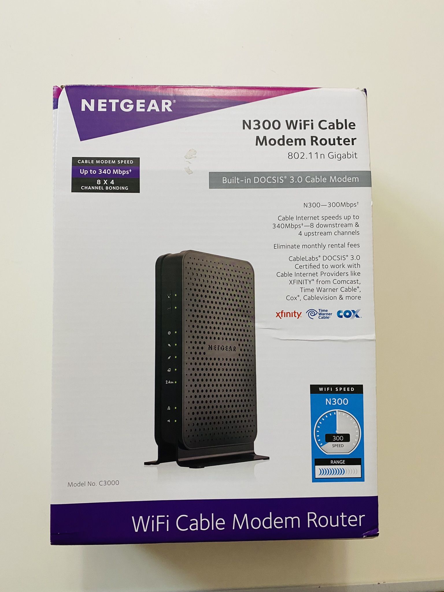 Netgear WIFI Cable Modem-Rauter. Barely used. Like new condition. Up to 340 Mbps. Still in original packaging. I sold my second house, where it was u