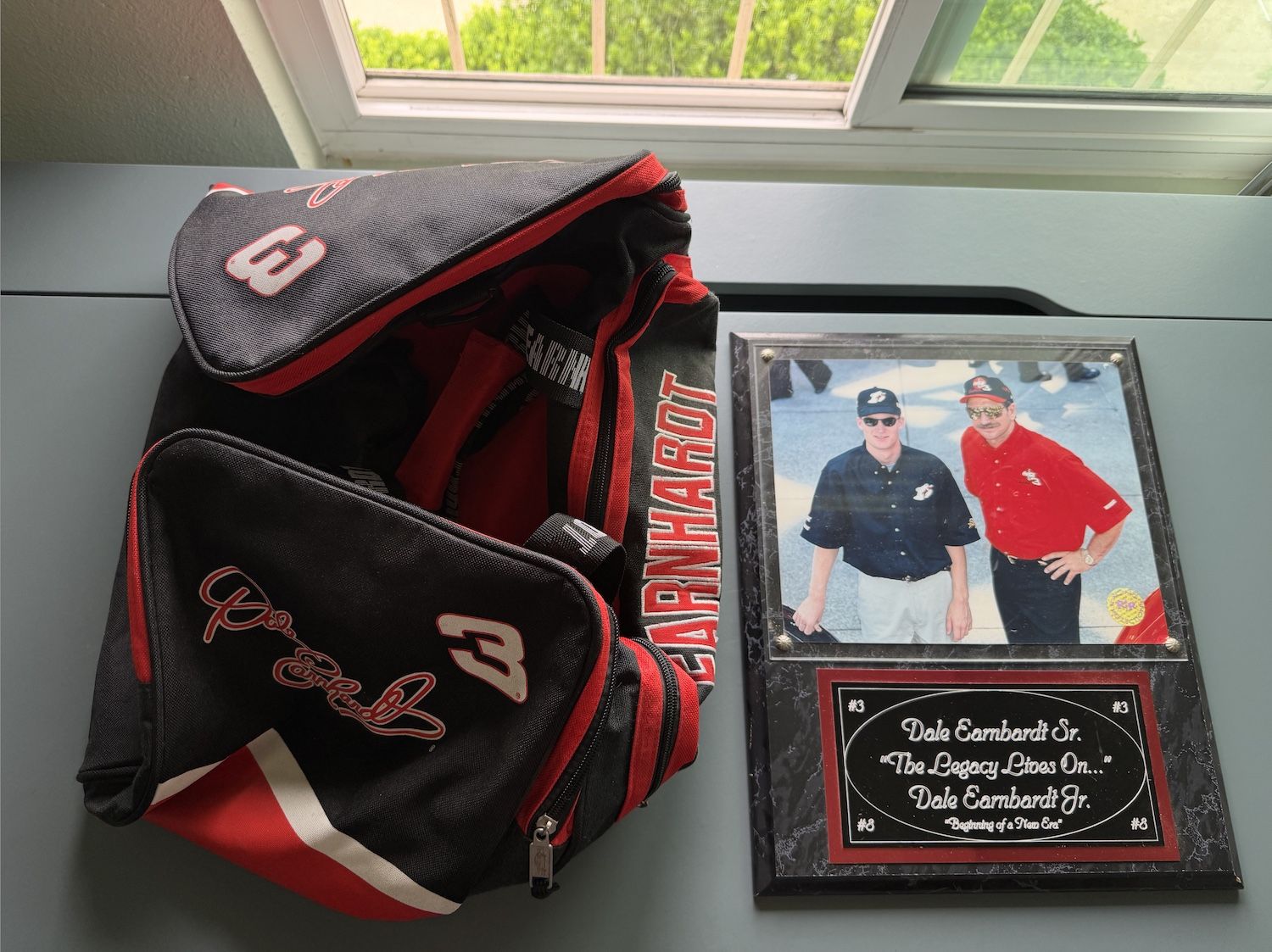 NASCAR Collectible Lot Dale Earnhardt Sr. & Jr. Racing Reflections Plaque and Earnhardt Duffel Bag