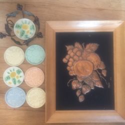 McM  Coaster Setw/ Iron Caddy & Copper Framed Fruit Art