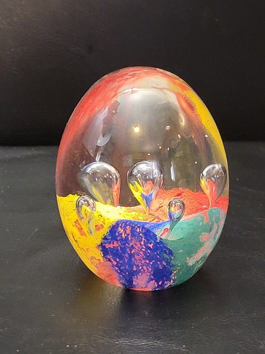 Artistic Glass Egg Paperweight - Blue, Yellow, Teal with Bubbles - Decorative Desk Accent