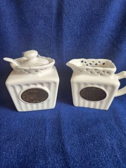 THL White Milk And Sugar Container Set, Reticulated White Cream and Sugar, Reticulated White Pitcher, THL Ceramic Creamer and Sugar