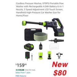New Cordless Pressure Washer, 970PSI Portable Power Washer with Rechargeable 4.0Ah Battery 6-in-1 Nozzle, 3 Speed Adjustment LCD Touch Screen,$80