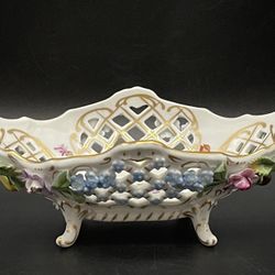 Antique Dresden Porcelain Footed Pierced Bowl Gold Gilt W 3D Flower/ REPAIRED