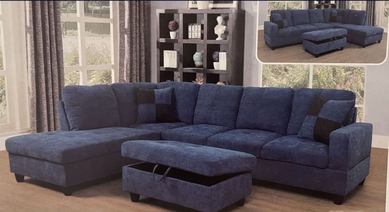 Blue Microfiber Sectional Couch And Ottoman