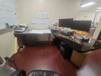 2 office desks with filing cabinet