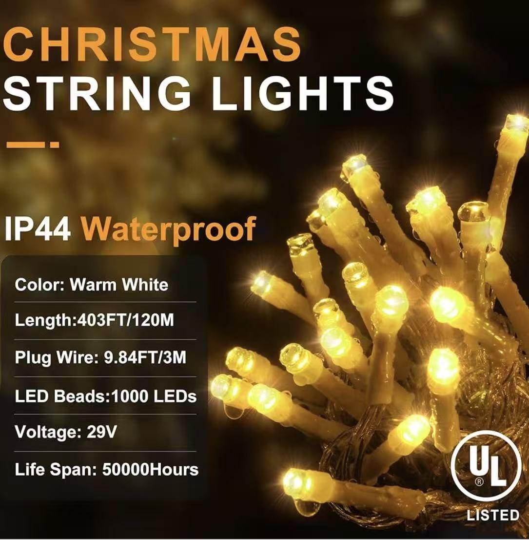 403ft 1000 LED Christmas String Lights Outdoor 8 Modes & Timer Fairy Light Plug in Waterproof LED Wedding Lights for Xmas Yard Tree Party Holiday Deco