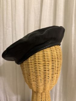 Christian Dior Lambskin Leather Beret Hat Logo Plate On Black