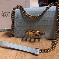 Alexander McQueen Sky Blue Croc- Embossed Crossbody Bag