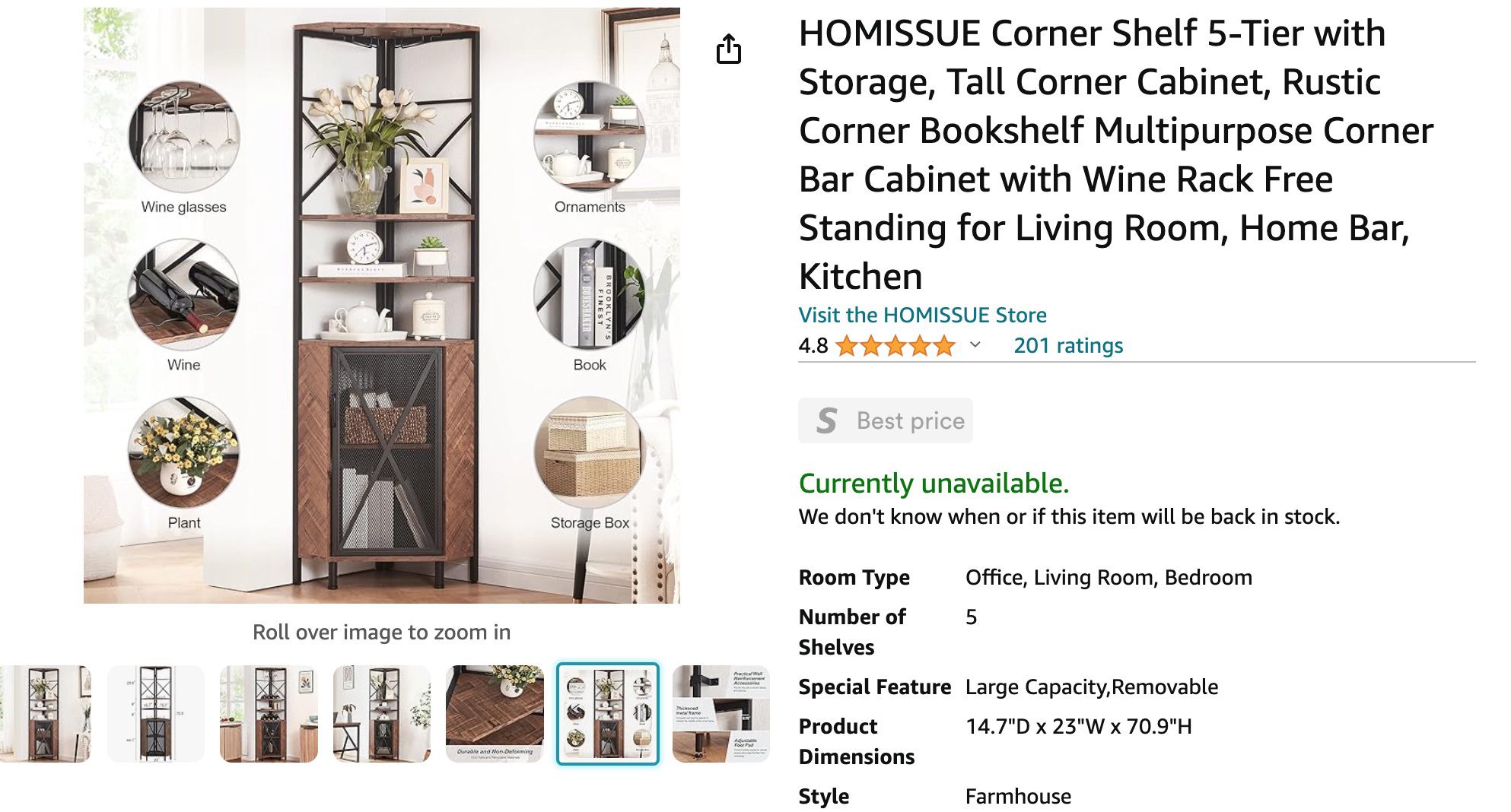 HOMISSUE 5-Tier Rustic Corner House Shelf with Storage - $105
