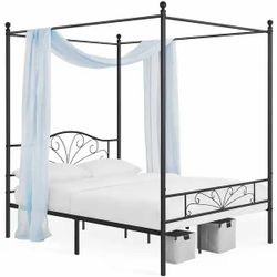 Queen Size Four-Poster Canopied Metal Platform Bed