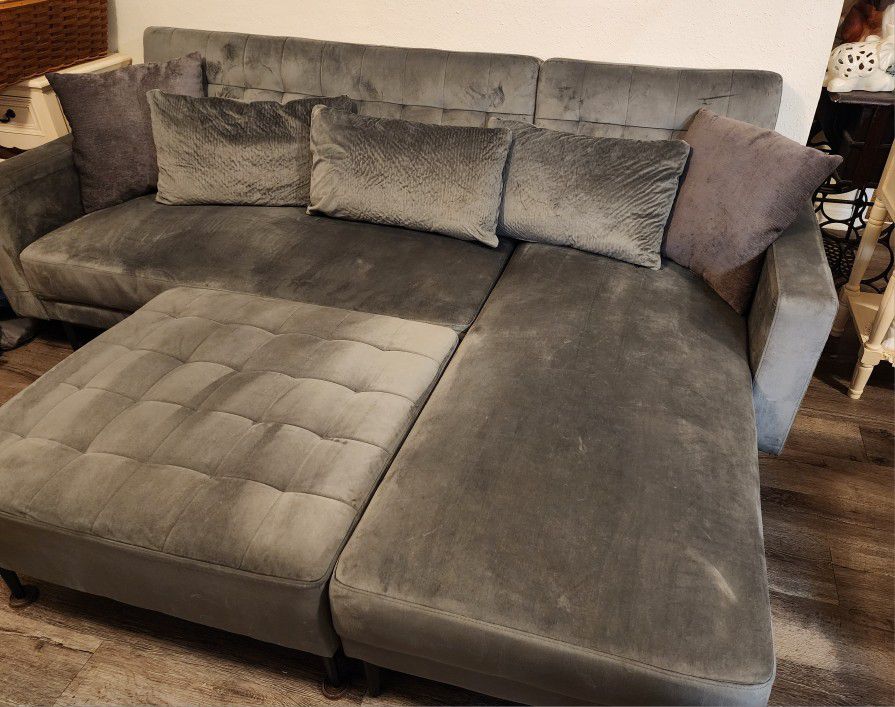 Modern Sofa Bed Velvet Gray Reversible L-Shaped Couch Set