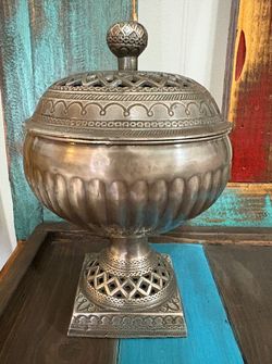 1990's Montaage Etched Antiqued Heavy Metal Jar With Lid Made In India Jali Cut
