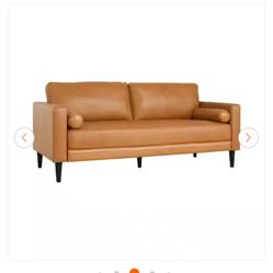 MAYKOOSH 73.23 in. Mid - Century Square Arm Genuine Leather Rectangle Sofa in Tan for Living Room