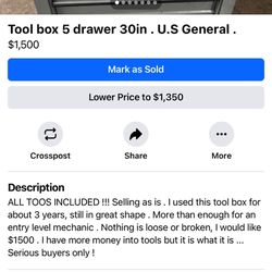Tool Box 30in 5 Drawer U.S. General 