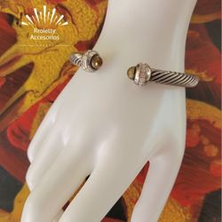 Stainless Steel Cuff Bracelet Silver Tone With Citrine Stones