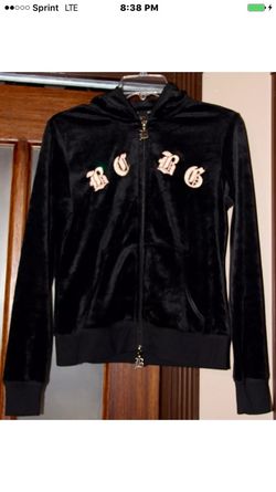 BCBG Maxazria Sequin Stitched Zip Black Velour Jacket Hoodieg Bling Size Medium