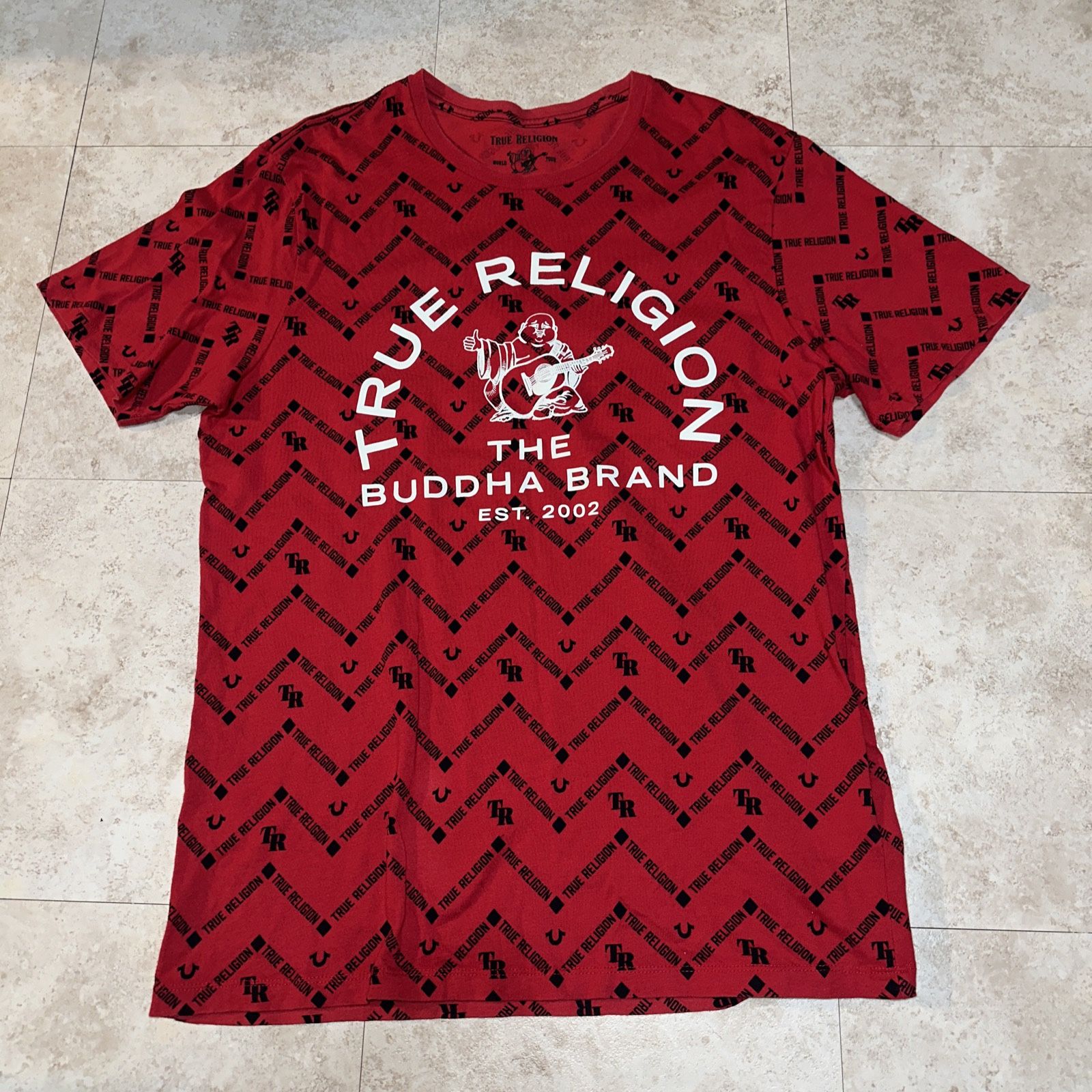 True Religion T-Shirt Mens M  Red Crew Neck Short Sleeve Buddha Print Logo