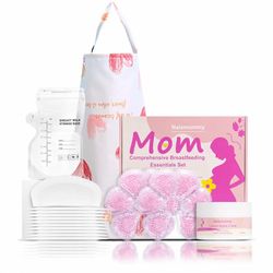 Breastfeeding Essentials Kit for Nursing Moms Pads, Cover, Nipple Cream 50g, Breastmilk Storage Bag, Hot and Cold Breast Therapy Packs, 55 Piece Gif