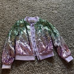 Girls Sequin Green Purple Bomber Jacket