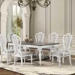 VINTAGE CLASSIC WHITE / DARK OAK FINISH 7 PIECE DINING TABLE SET COMEDOR